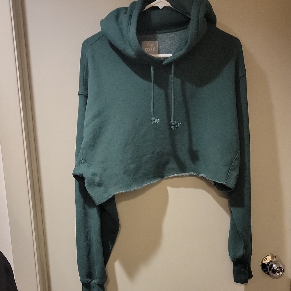 TNA Cropped Cowl Hoodie in Teal Green